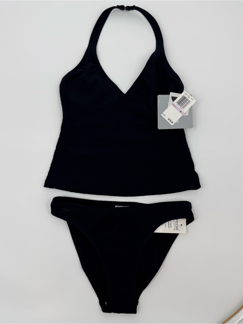 Speedo Women’s Size 6 black halter top 2 piece bikini black pebbled NWT